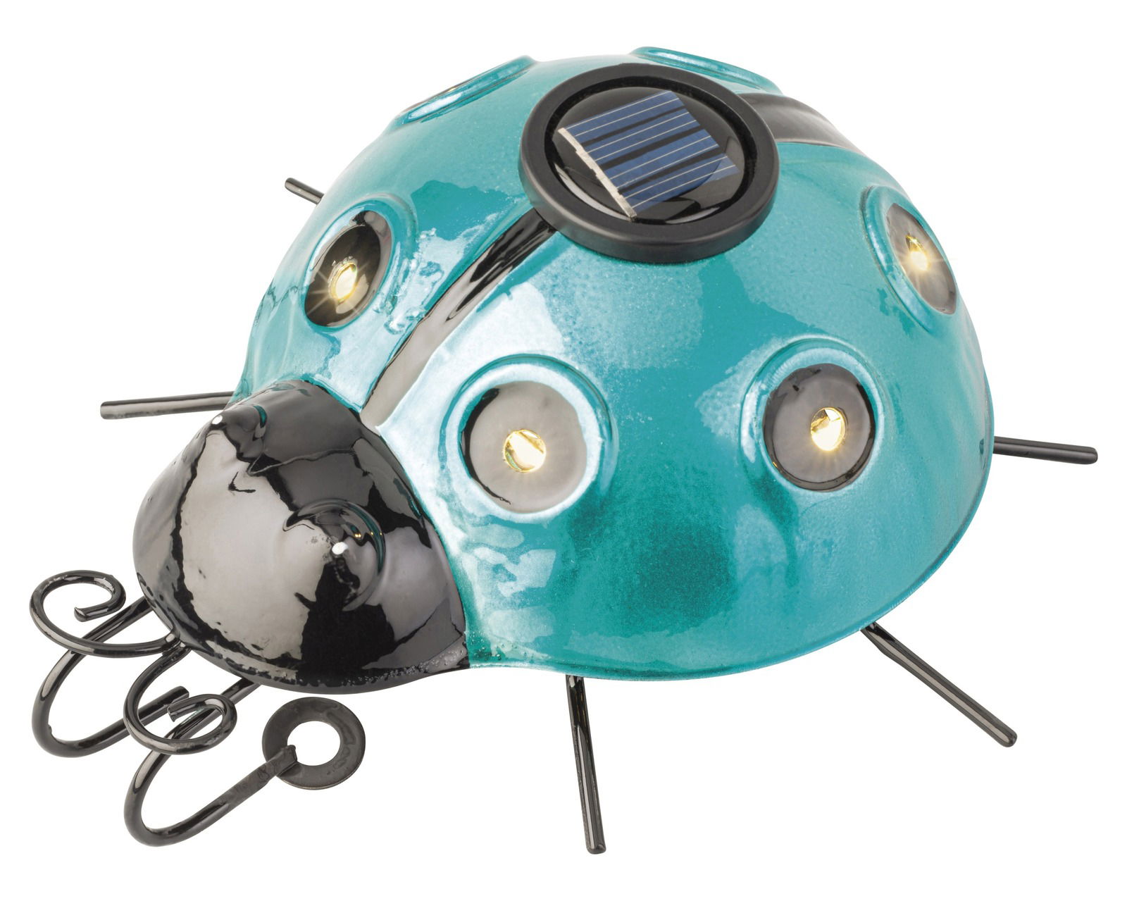 Solarbetriebene Insektenfigur aus Eisen in Form eines Marienkäfers, von schräg oben fotografiert, mit leuchtenden LED-Lichtern und Solarpanel auf dem Rücken.