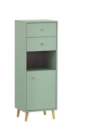 Grünes Highboard mit zwei Schubladen, einem offenen Fach und einer Tür, auf Holzbeinen, seitliche Perspektive