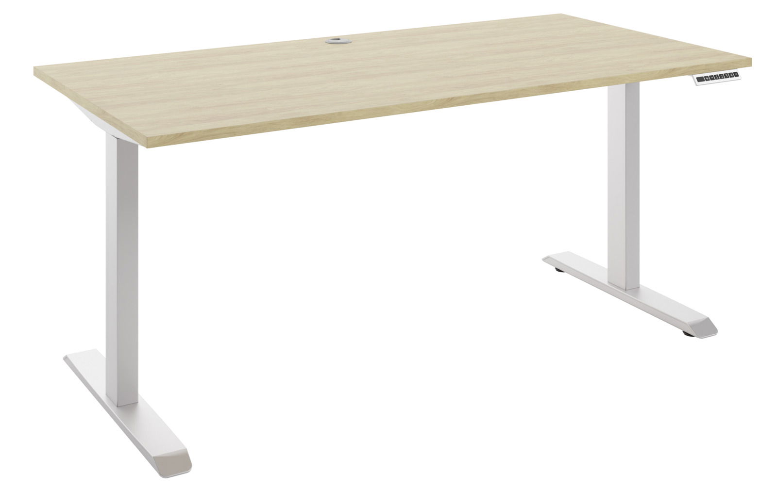 Manjana E-Schreibtisch OHIO Moderner höhenverstellbarer E-Schreibtisch mit heller Holzoberfläche und weißem Gestell, seitliche Perspektive.