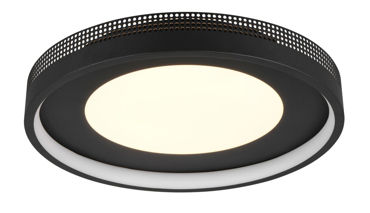Moderne schwarze Deckenleuchte mit perforiertem Rand, seitliche Perspektive