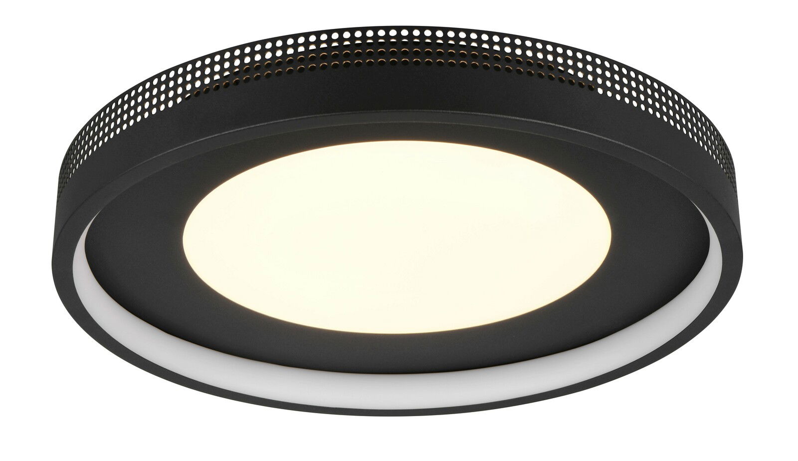 Moderne schwarze Deckenleuchte mit perforiertem Rand, seitliche Perspektive