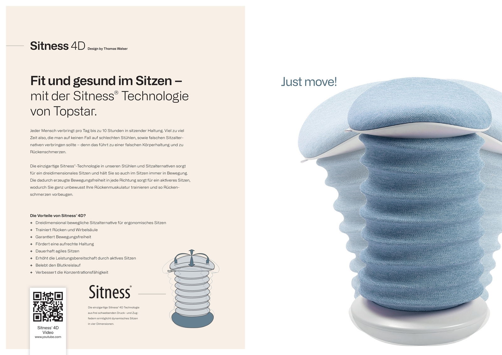 Aktiv-Sitz in seitlicher Perspektive mit wellenförmigem Design und blauer Polsterung.