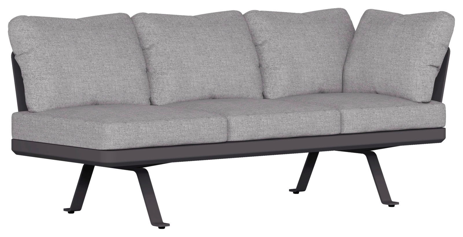 Graue Lounge-Rückenlehne mit drei Kissen, seitliche Perspektive