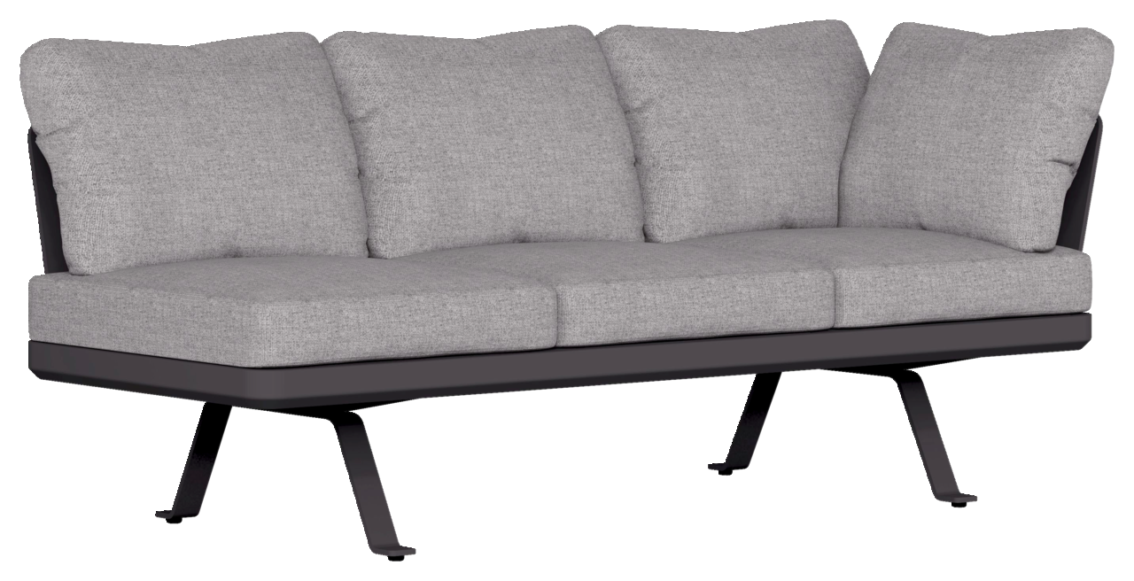 Graue Lounge-Rückenlehne mit drei Kissen, seitliche Perspektive