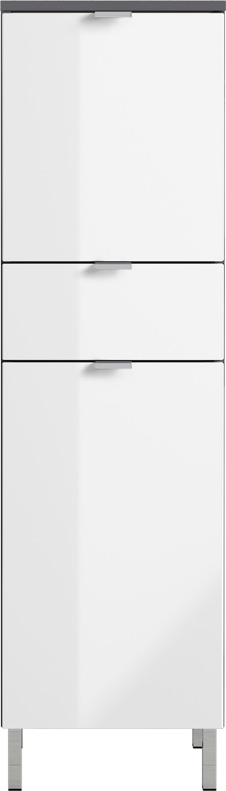Moderner weißer Schrank mit drei Schubladen und silbernen Griffen, frontal betrachtet.