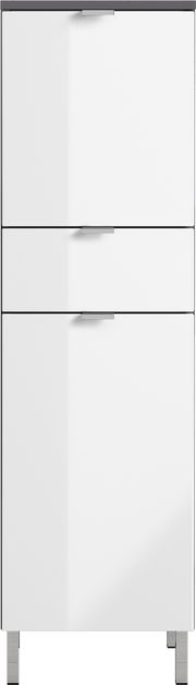 Moderner weißer Schrank mit drei Schubladen und silbernen Griffen, frontal betrachtet.