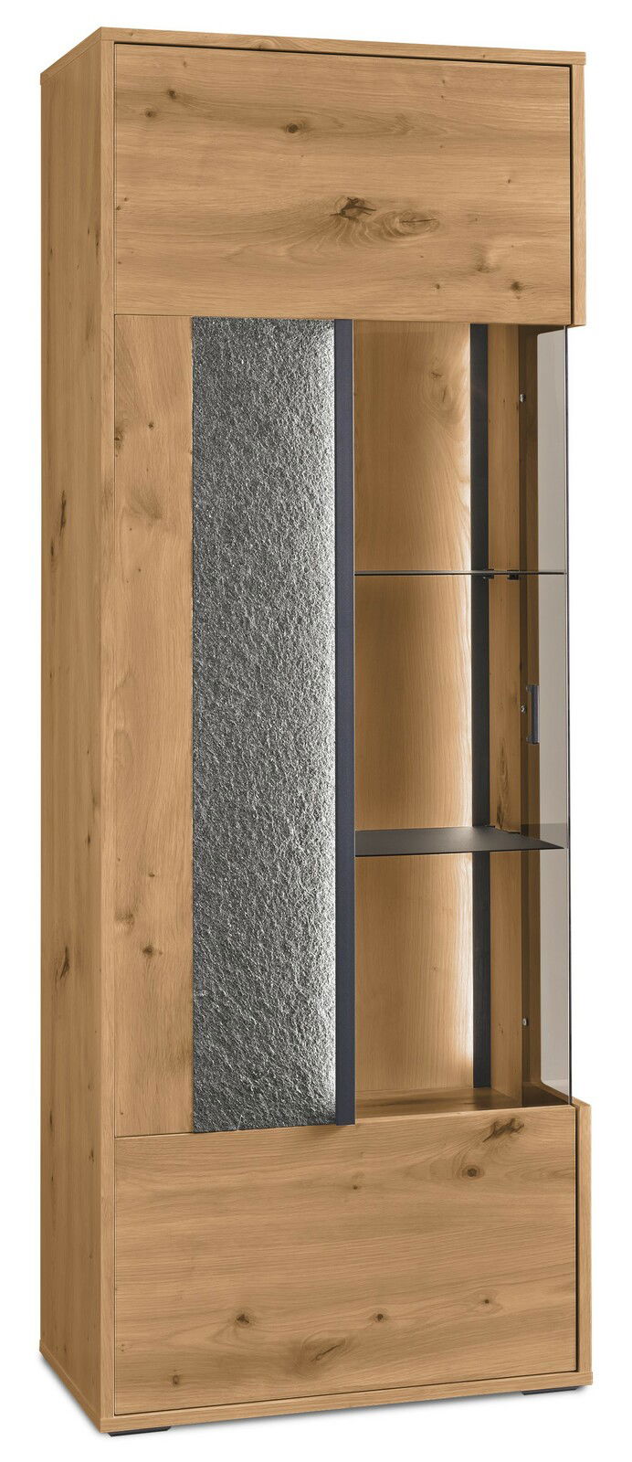 Set one by Musterring Highboard/Vitrine links DELTONA Hochwertiges Highboard aus Holz mit Glaselementen und Steinoptik, seitliche Perspektive