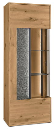 Hochwertiges Highboard aus Holz mit Glaselementen und Steinoptik, seitliche Perspektive