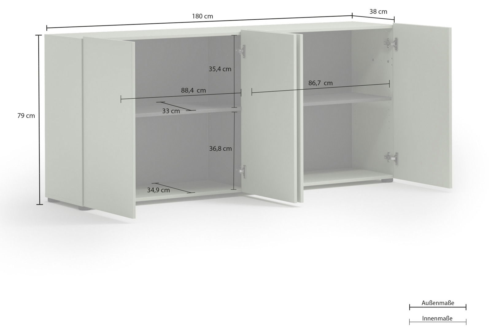 Weißes Sideboard mit zwei offenen Türen, zeigt Innenregale und Maße aus der Perspektive von vorne links.