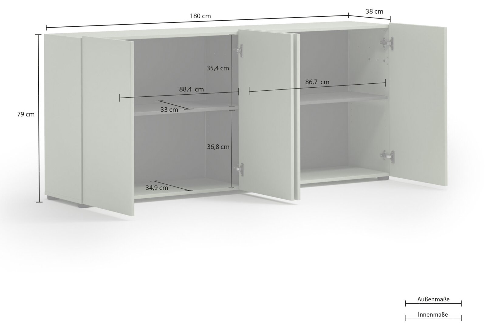 Weißes Sideboard mit zwei offenen Türen, zeigt Innenregale und Maße aus der Perspektive von vorne links.