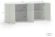 Wit dressoir met twee open deuren, met zicht op de planken binnenin en de afmetingen vanuit het perspectief linksvoor.
