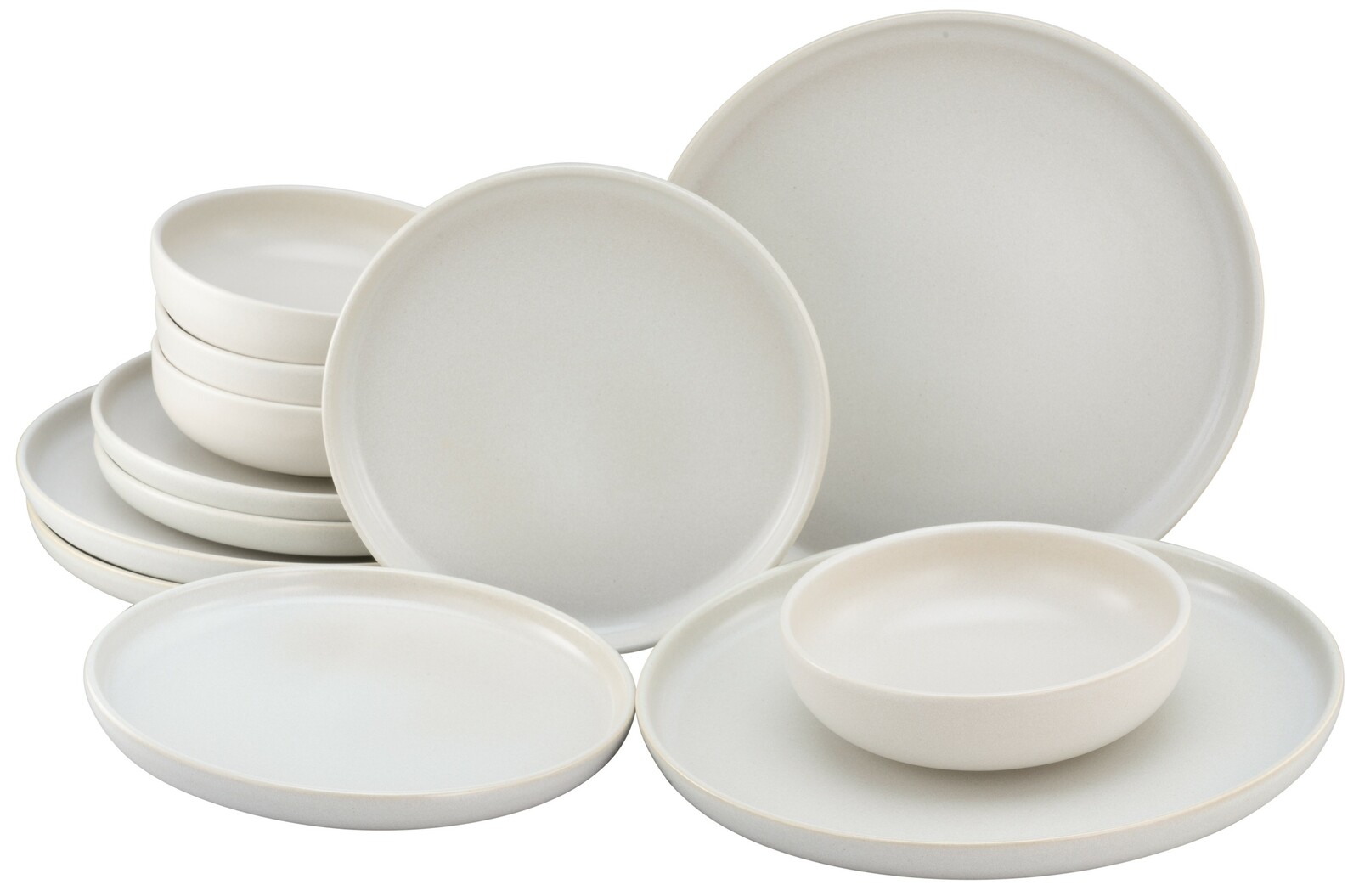 Creatable Tellerset 12-tlg UNO Ein 12-teiliges Tellerset in schlichtem, weißem Design, aus der Perspektive von vorne leicht schräg fotografiert.