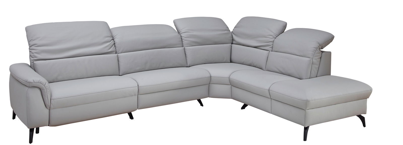 Eckgarnitur in hellgrauem Leder, perspektivisch von vorne rechts fotografiert