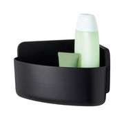 Schwarzer Eckduschkorb von tesa Lavaa mit zwei grünen Flaschen, seitliche Perspektive