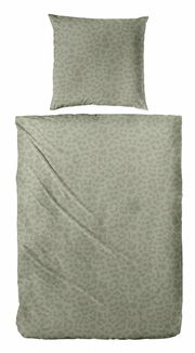 Bettwäsche-Set in Grau mit dezentem Leopardenmuster, bestehend aus einem Kissenbezug und einem Bettdeckenbezug, aus der Vogelperspektive fotografiert.