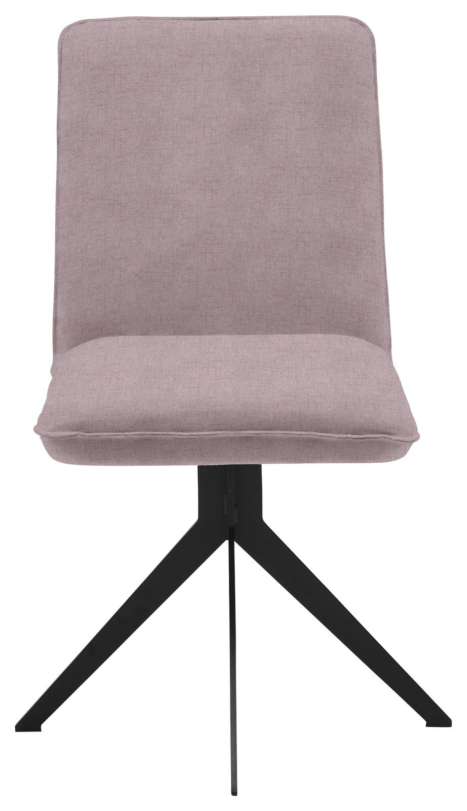 Moderner Stuhl mit lila Polsterung und schwarzem Metallgestell, Frontalansicht