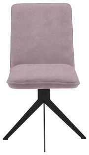 Moderner Stuhl mit lila Polsterung und schwarzem Metallgestell, Frontalansicht