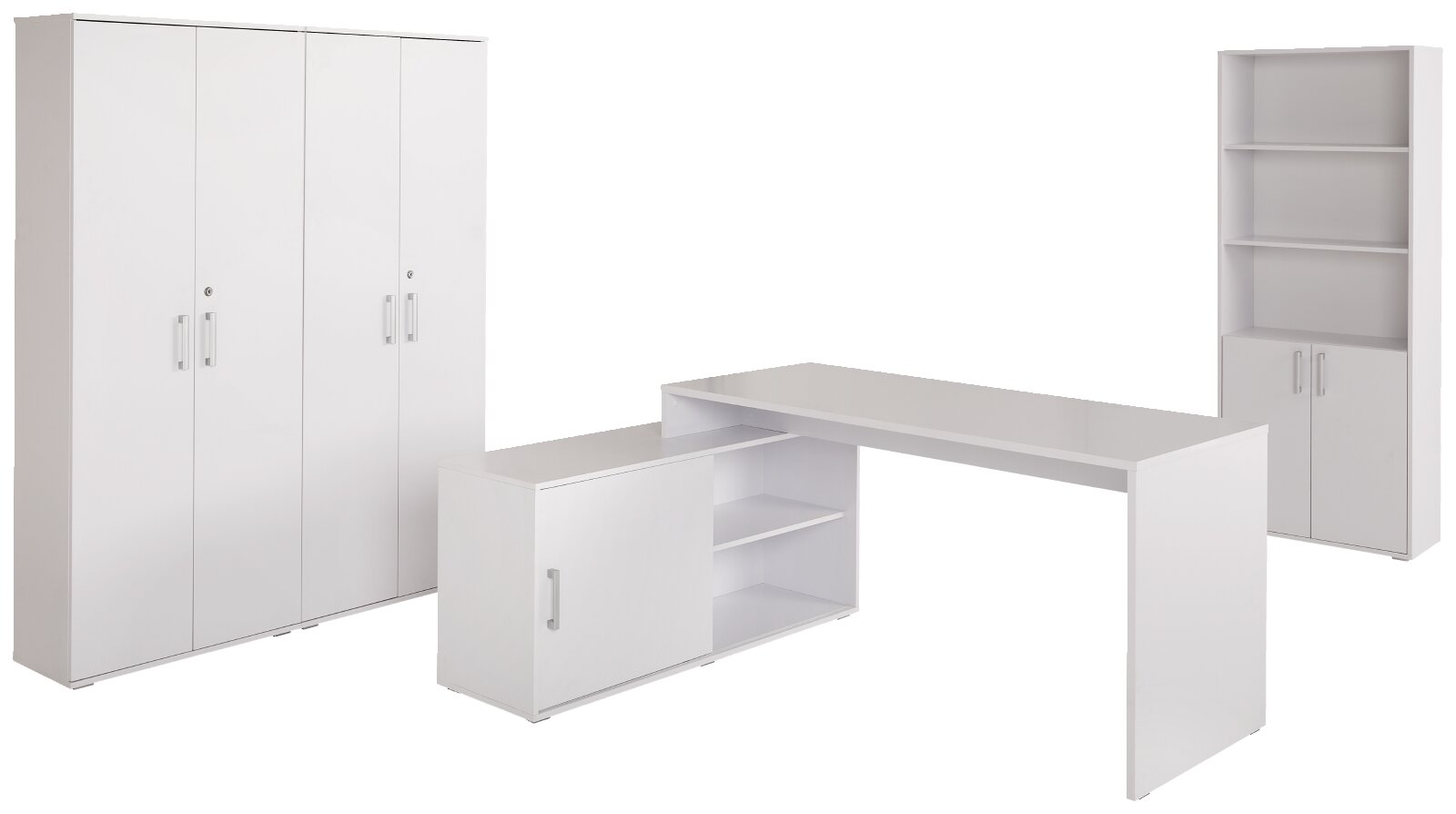 XORA Büro-Set ALEX Weißes Büro-Möbelset mit großem Aktenschrank, L-förmigem Schreibtisch mit integriertem Sideboard und Regal/Schrank-Kombination, dargestellt in frontaler Perspektive mit leicht seitlicher Ansicht