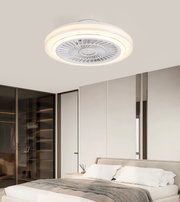 Moderner Deckenventilator mit Beleuchtung in einem Schlafzimmer, von unten betrachtet.