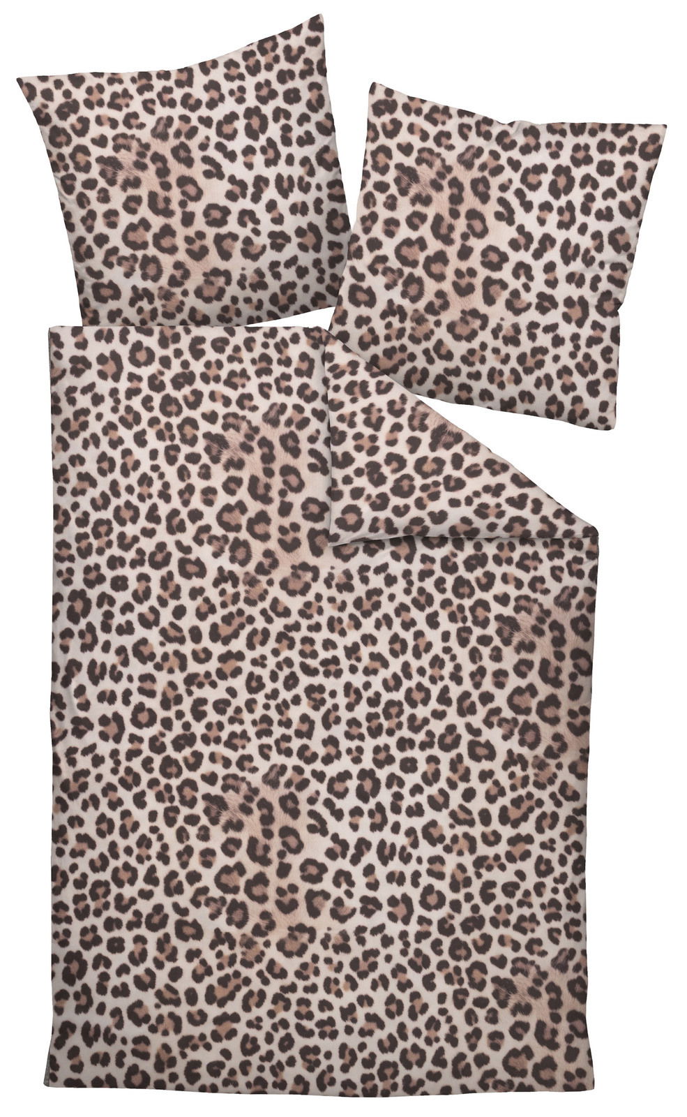 Bettwäsche-Set mit Leopardenmuster, bestehend aus einem Bettbezug und zwei Kissenbezügen, aus der Vogelperspektive.