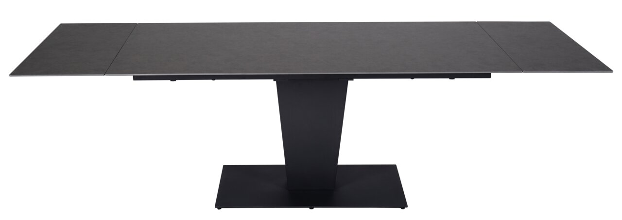 Moderne eettafel met donker tafelblad en centrale poot, gezien van voren.