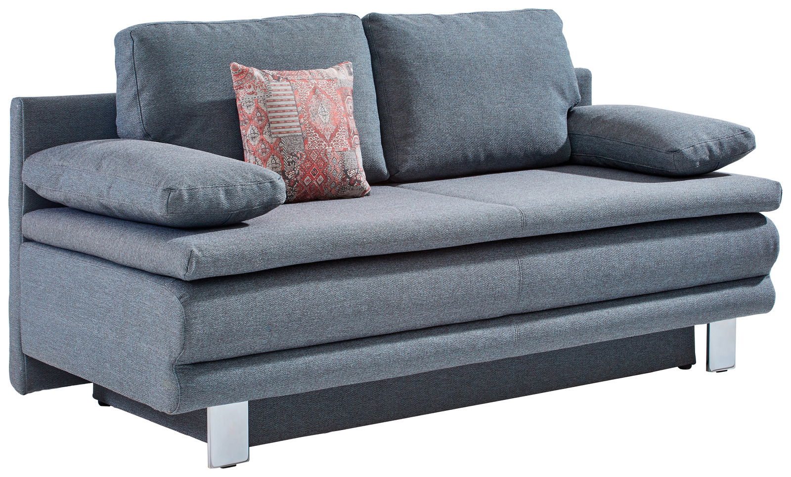 Graues Querschläfer-Sofa mit zwei großen Kissen und einem dekorativen Kissen, seitliche Perspektive.