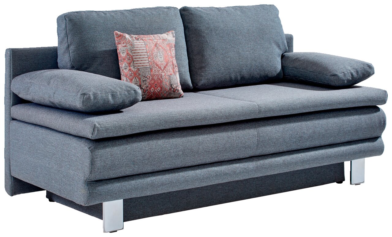 Graues Querschläfer-Sofa mit zwei großen Kissen und einem dekorativen Kissen, seitliche Perspektive.
