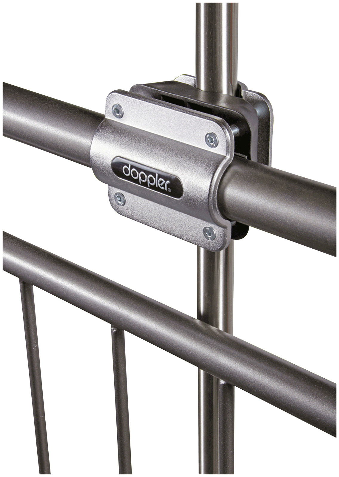 Nahaufnahme einer Balkonklammer von doppler, montiert an einem Metallgeländer, seitliche Perspektive