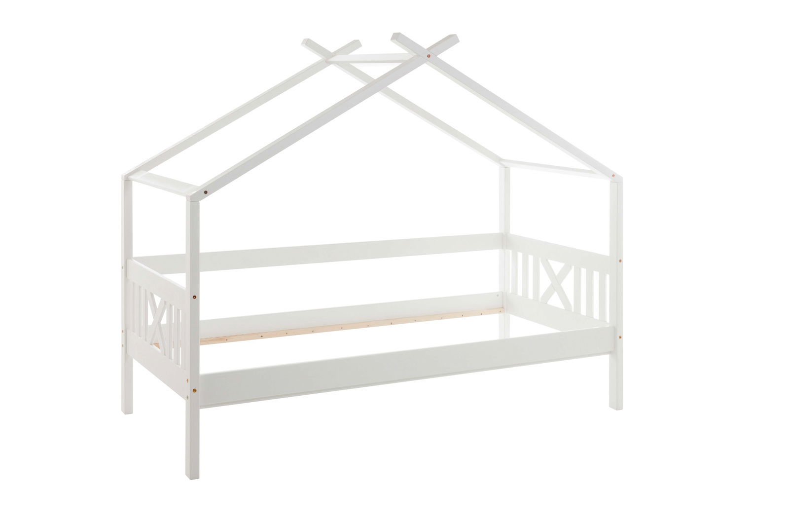 Weißes Hausbett aus Holz in seitlicher Perspektive