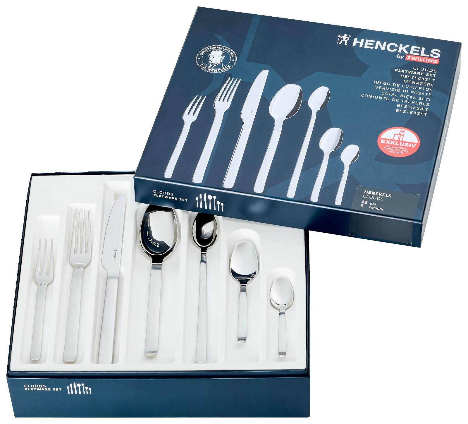 Henckels by Zwilling Clouds bestekset 42-delig voor 6 personen in blauwe verpakking met open doos en glanzend roestvrijstalen bestek, schuin bovenaanzicht