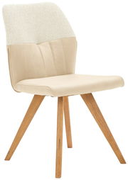 Moderner Stuhl mit beigem Polster und Holzbeinen, seitliche Perspektive