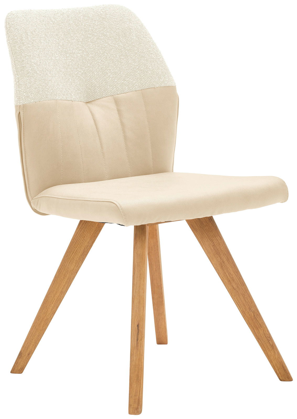 Moderner Stuhl mit beigem Polster und Holzbeinen, seitliche Perspektive