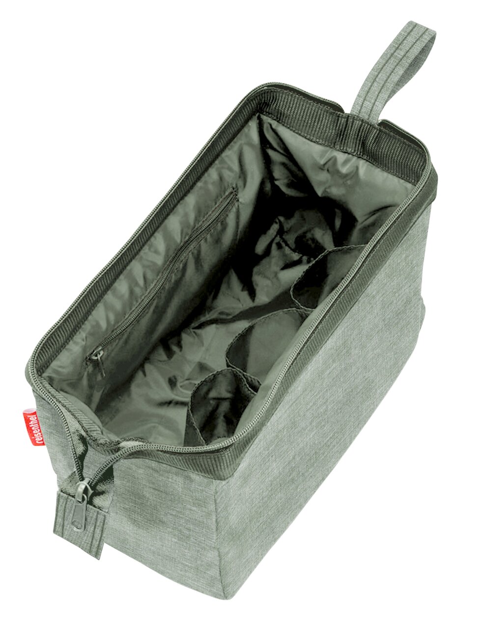 Grüne Kosmetiktasche mit Reißverschluss, von oben betrachtet, mit mehreren Innenfächern und einer Trageschlaufe.