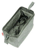 Grüne Kosmetiktasche mit Reißverschluss, von oben betrachtet, mit mehreren Innenfächern und einer Trageschlaufe.