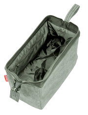 Grüne Kosmetiktasche mit Reißverschluss, von oben betrachtet, mit mehreren Innenfächern und einer Trageschlaufe.