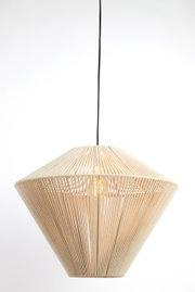 Hängeleuchte mit geometrischem Design aus geflochtenem Material, seitliche Perspektive
