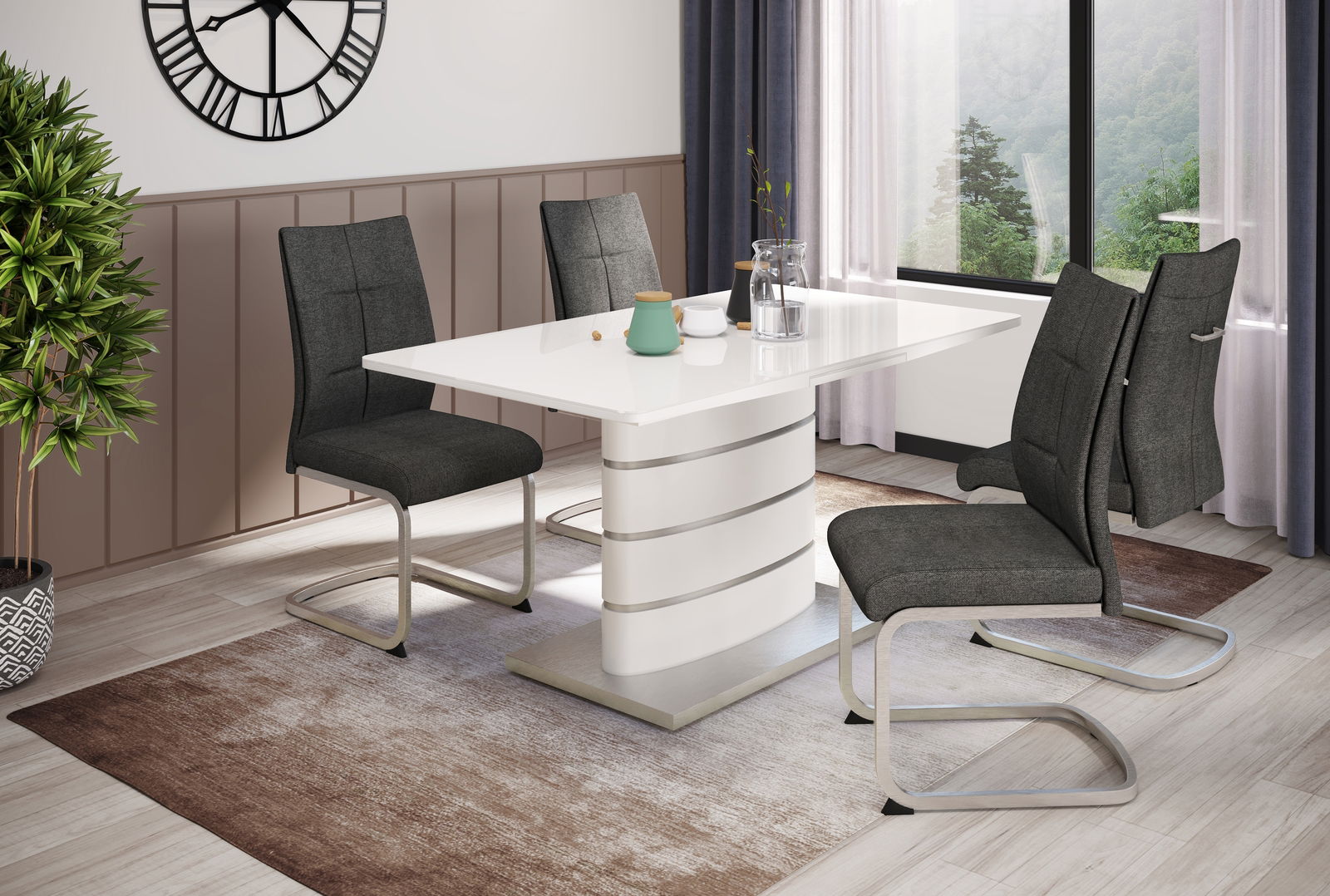 Esszimmer mit modernem weißen Tisch und vier grauen Schwingstühlen, seitliche Perspektive