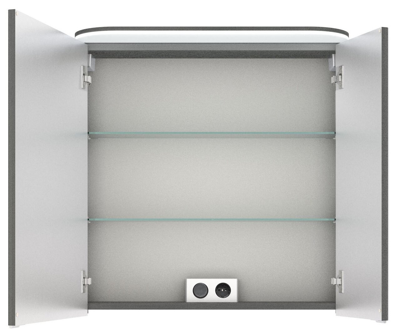 Geöffneter Spiegelschrank mit zwei Glaseinlegeböden und integrierter Steckdose, Frontalansicht