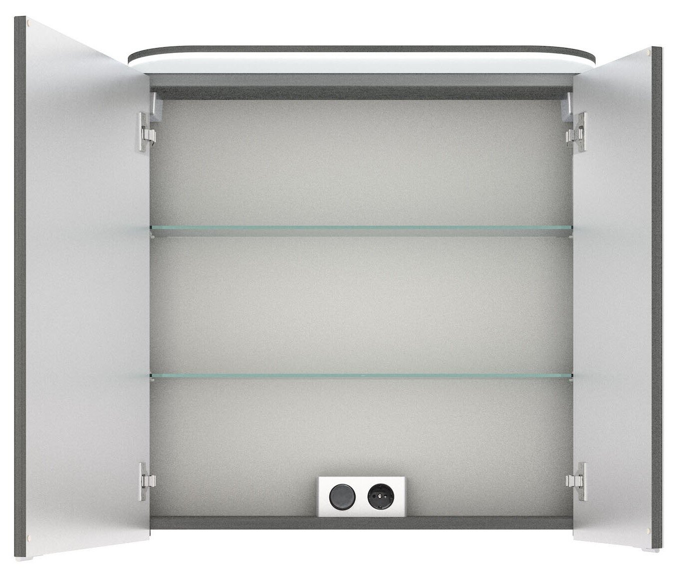 Geöffneter Spiegelschrank mit zwei Glaseinlegeböden und integrierter Steckdose, Frontalansicht
