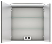 Geöffneter Spiegelschrank mit zwei Glaseinlegeböden und integrierter Steckdose, Frontalansicht