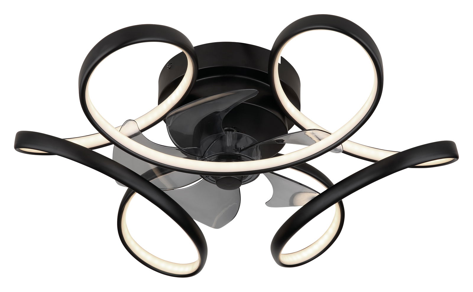 Moderner Deckenventilator LORIS mit geschwungenem LED-Design, seitliche Perspektive