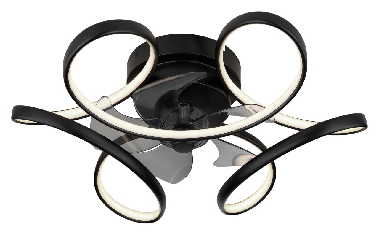 Moderner Deckenventilator LORIS mit geschwungenem LED-Design, seitliche Perspektive