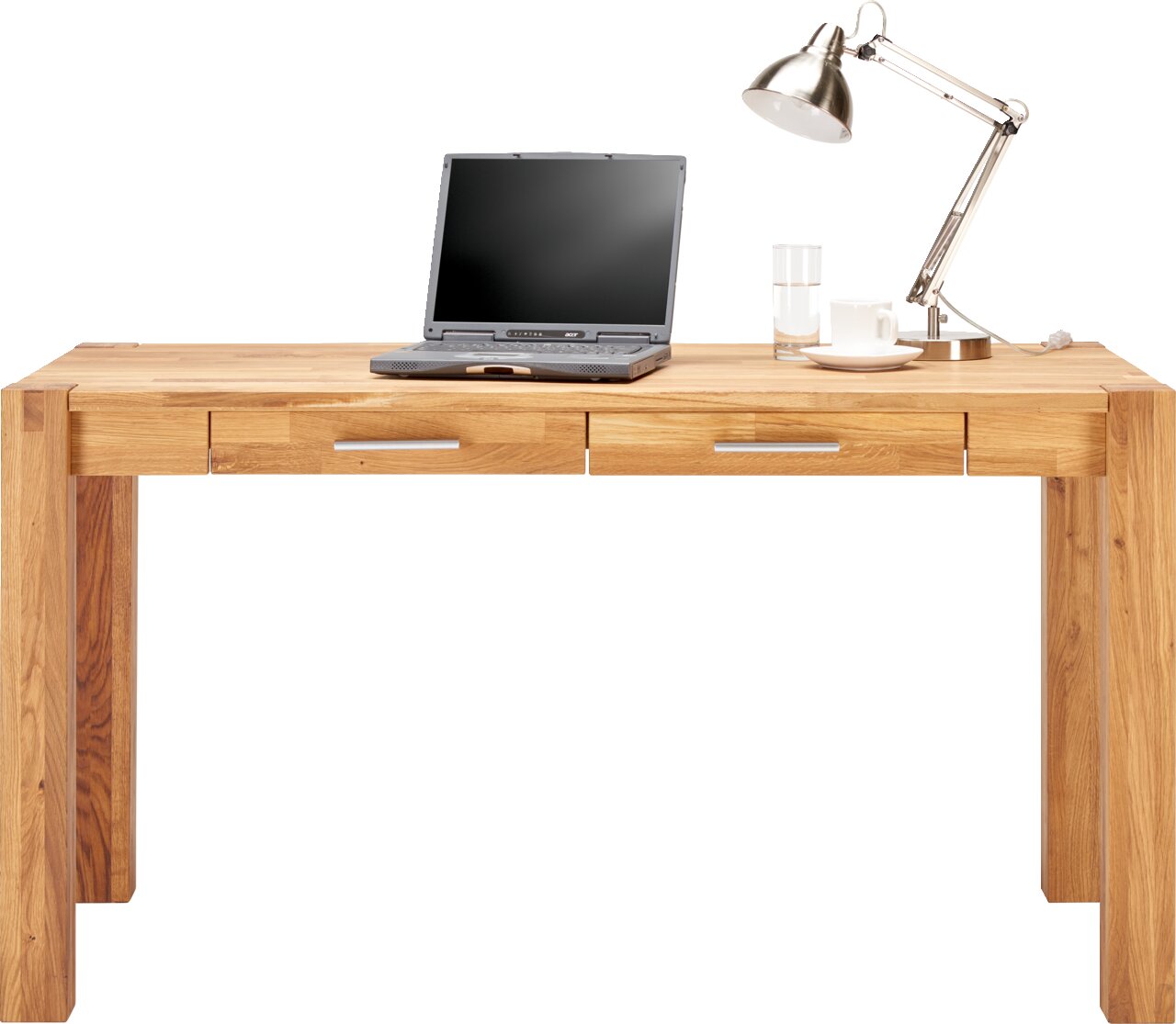 Moderner Schreibtisch aus Holz mit Laptop, Lampe und Tasse, Frontalansicht