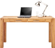 Moderner Schreibtisch aus Holz mit Laptop, Lampe und Tasse, Frontalansicht
