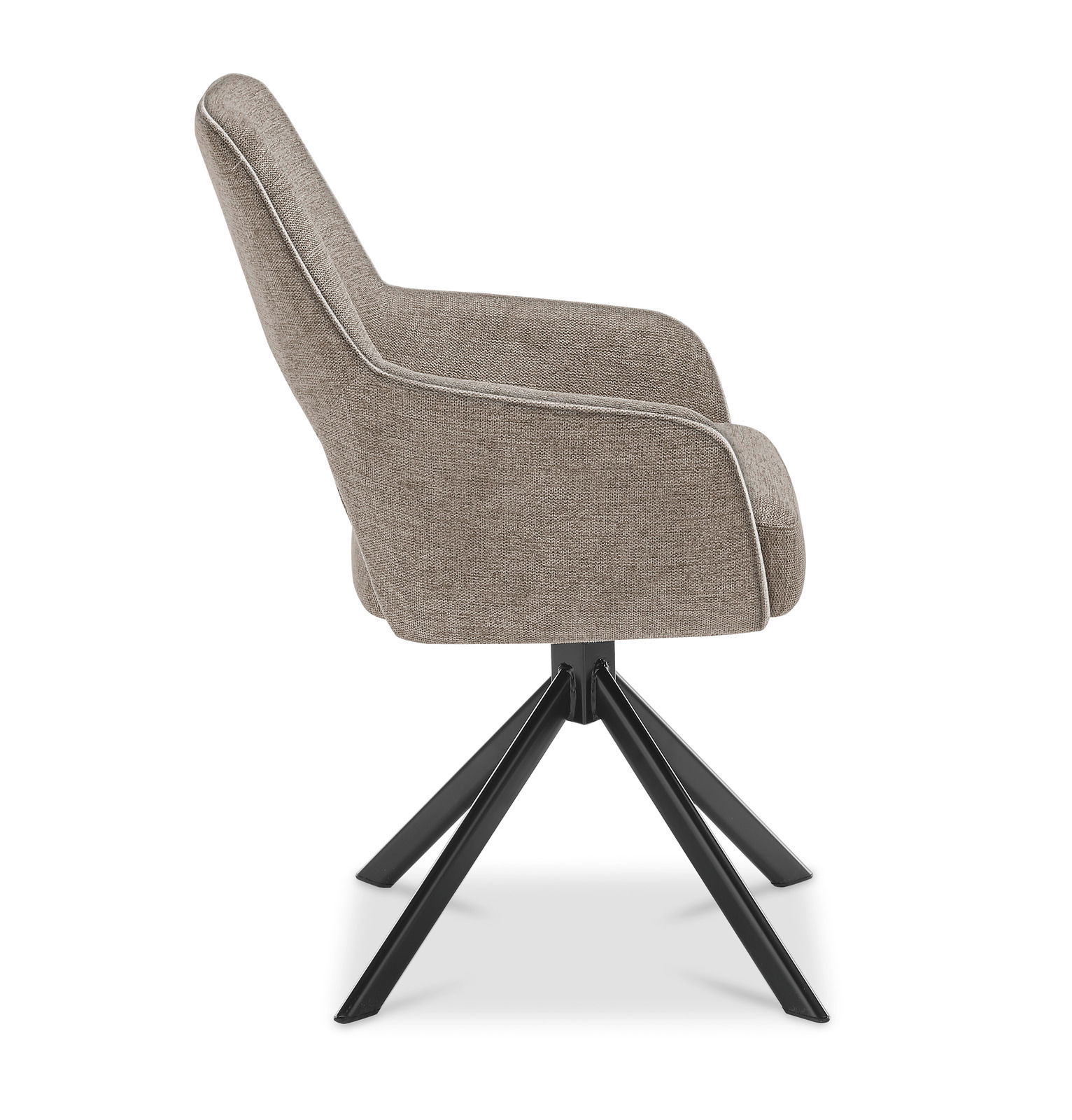 Seitenansicht eines modernen Armlehnstuhls mit grauem Stoffbezug und schwarzem Metallgestell.