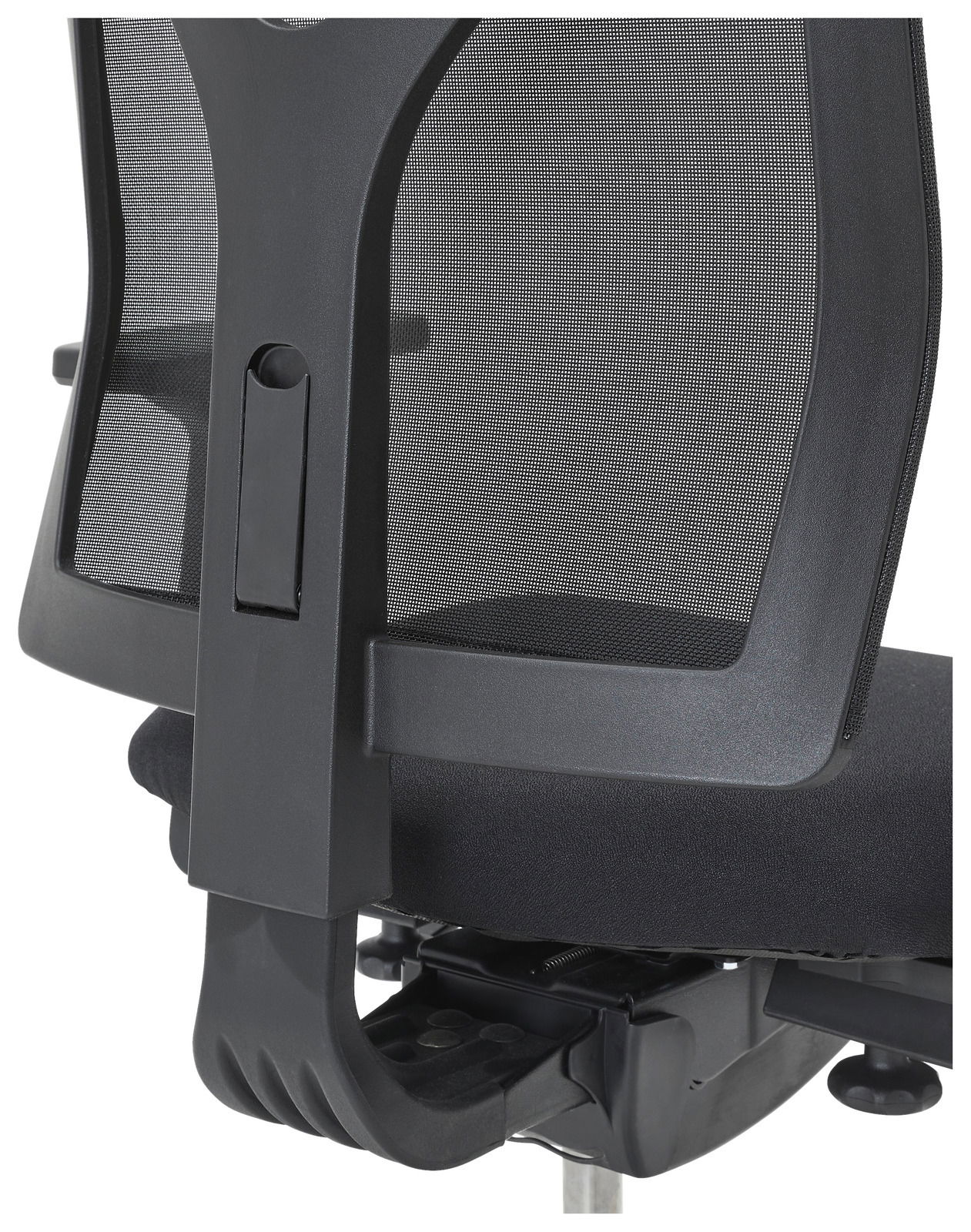 Rückansicht eines Drehstuhls mit Netzrückenlehne und schwarzem Rahmen