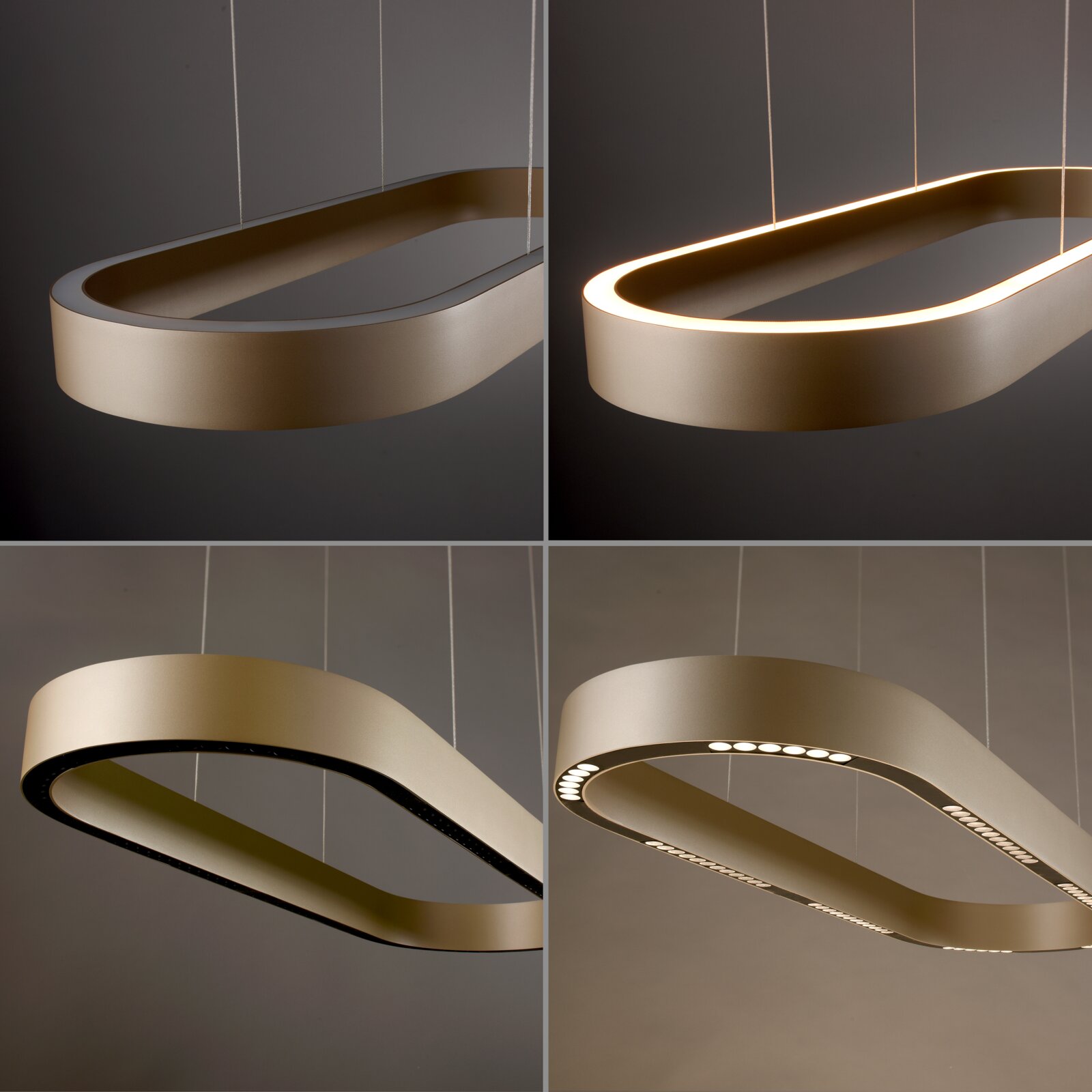 Moderne, ovale LED-Pendelleuchte in Gold/Champagner mit warmweiß leuchtendem Lichtband, freihängend an dünnen Seilen vor grauem Hintergrund, Perspektive: schräg von unten (Untersicht)