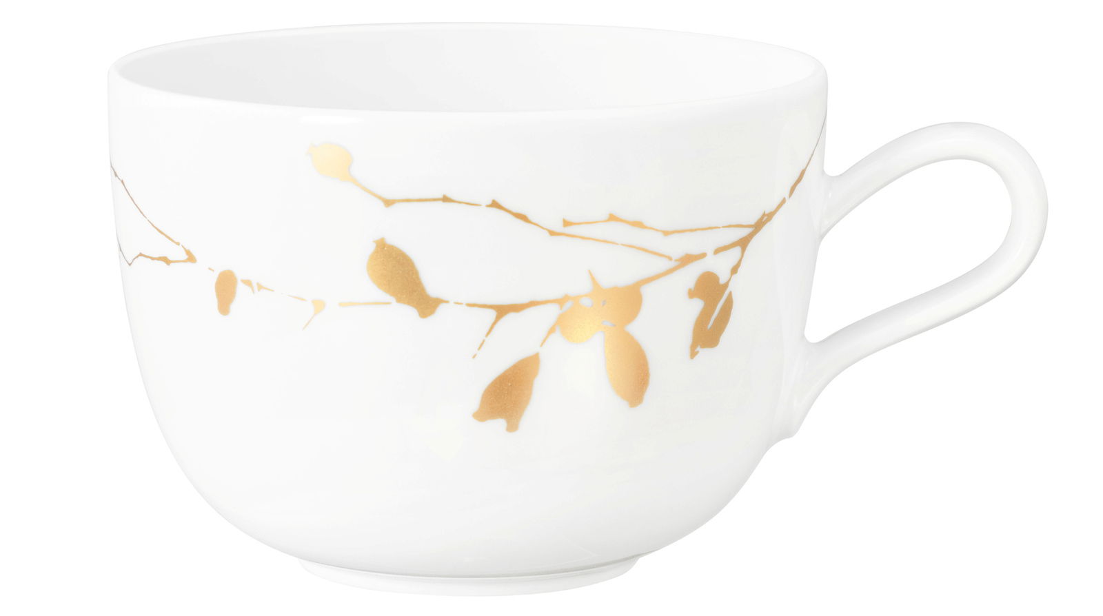 Weiße Milchkaffeetasse mit goldenen Zweigmustern, seitliche Perspektive