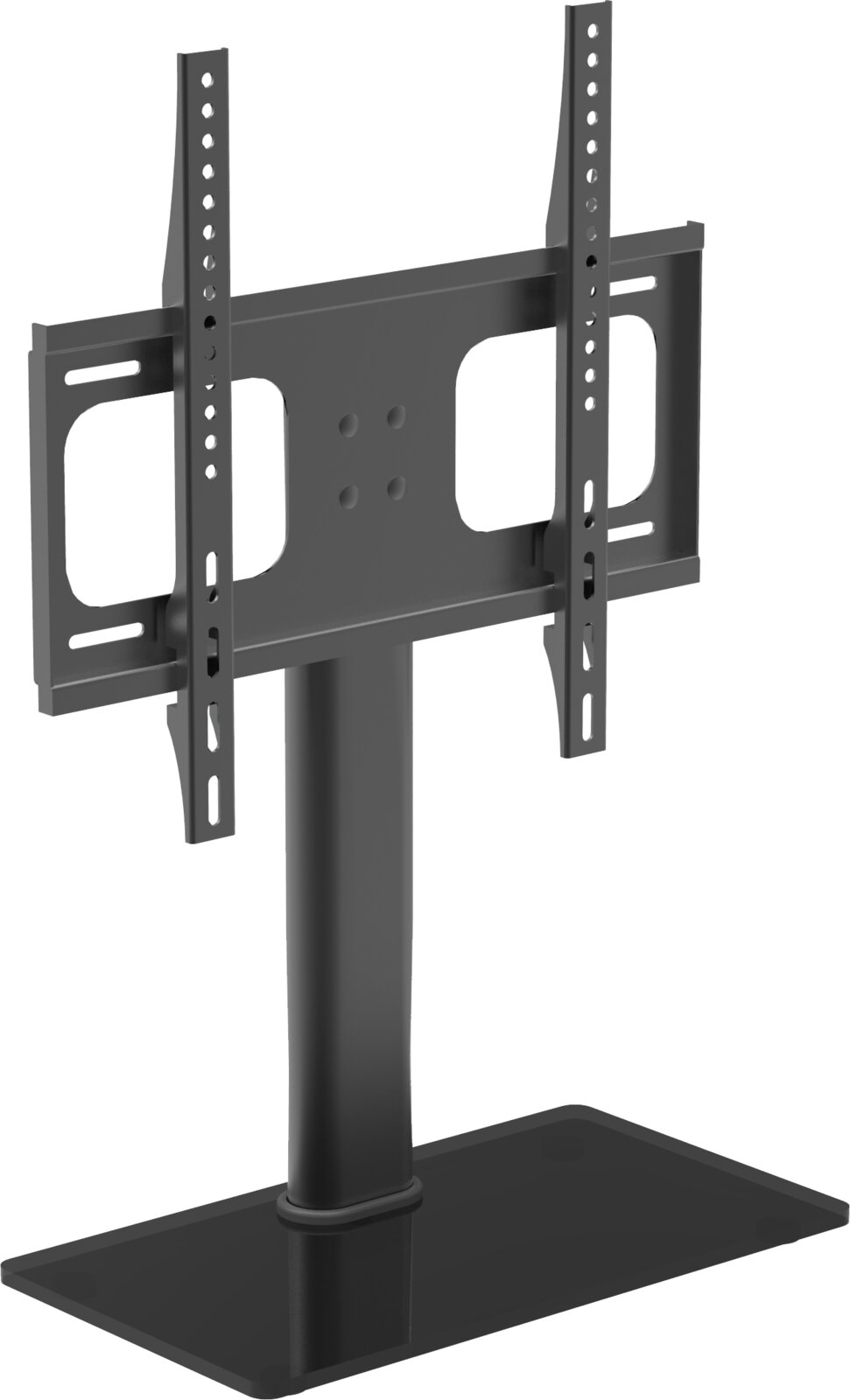 Schwarze TV-/Monitorhalterung mit Standfuß und VESA-Montageplatte, schräg von vorn links in leichter Aufsicht gezeigt