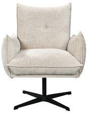 Frontansicht eines beigen Relaxsessels mit schwarzem Drehfuß und weicher Polsterung.